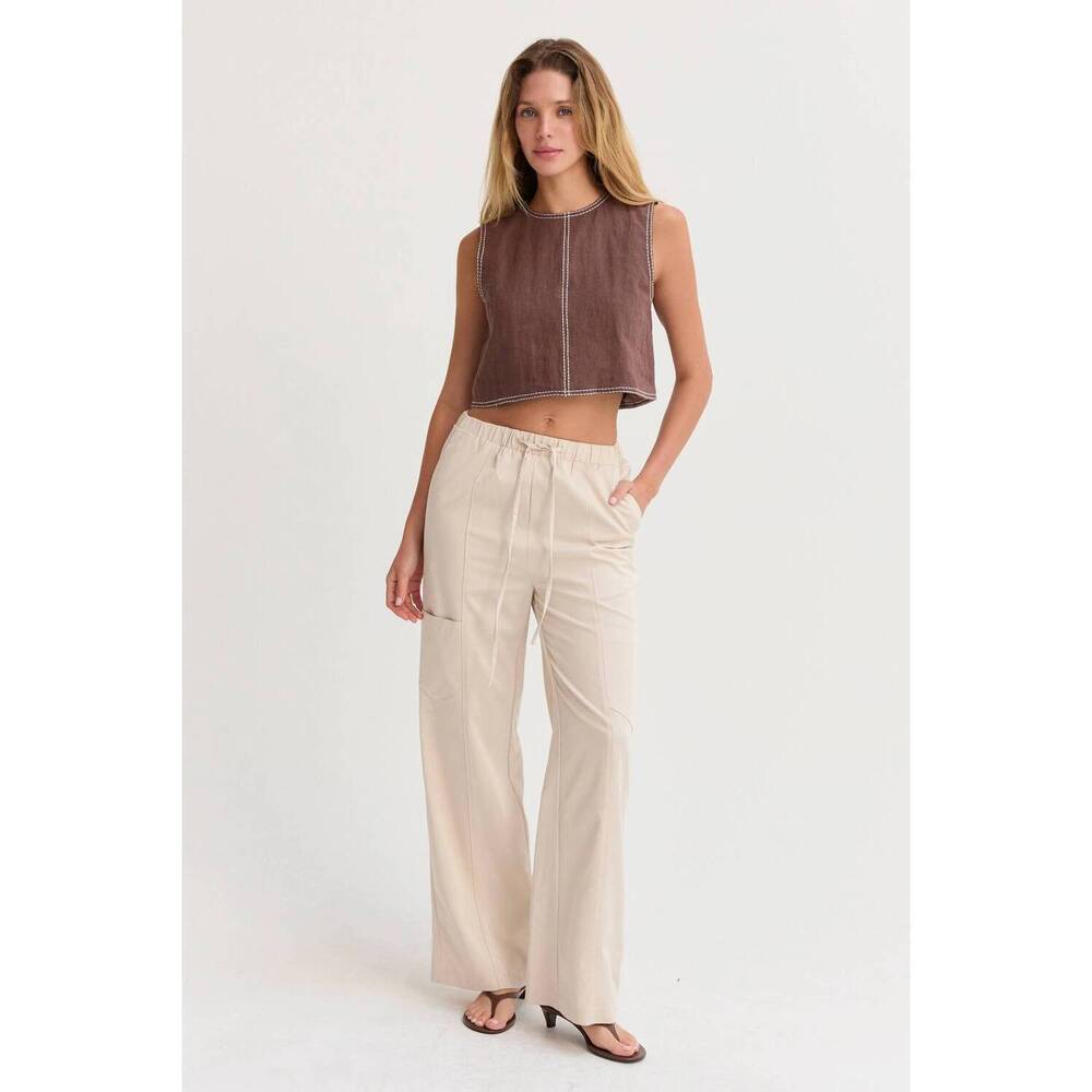 NEW CRESCENT kiara contrast stitch linen crop top in brown